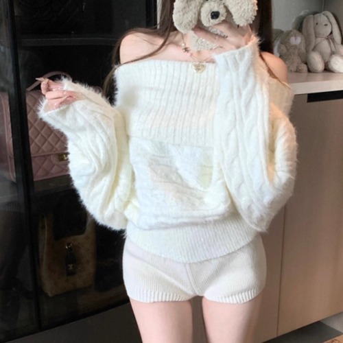 2色／オフショルラップケーブルニット ・12849