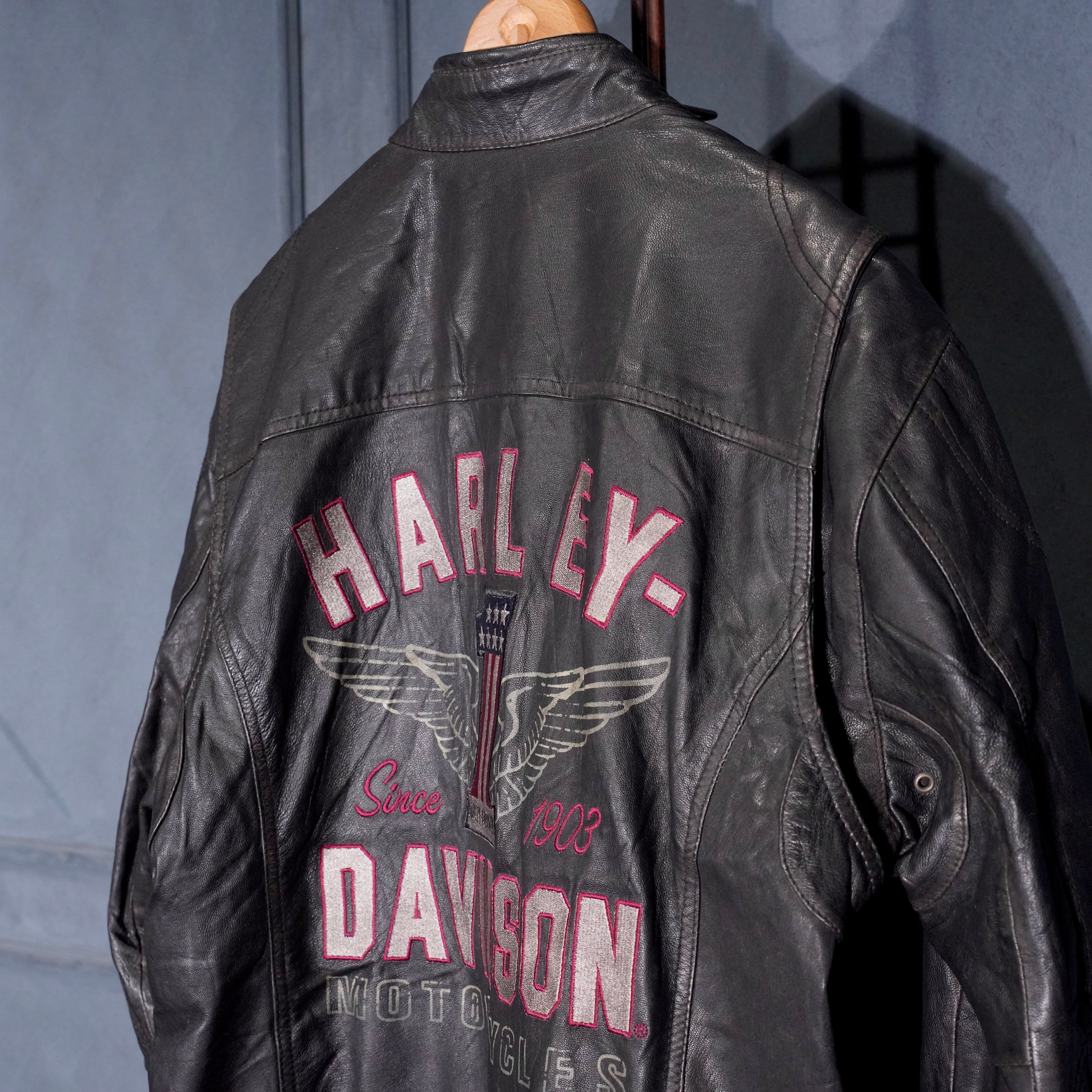 USA VINTAGE HARLEY DAVIDSON LOGO EMBROIDERY DESIGN ZIP UP LEATHER