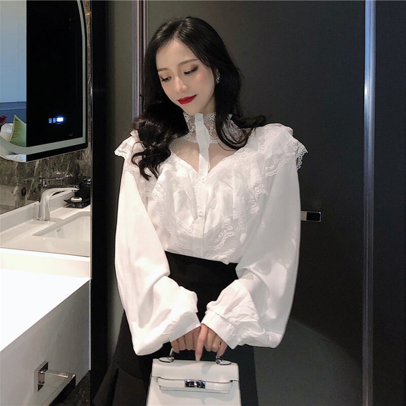 2019年春の新しい女性のフレンチニッチシックな気質のレースステッチハンギングネックシャツフリル長袖シャツ 1号婦人91915809032