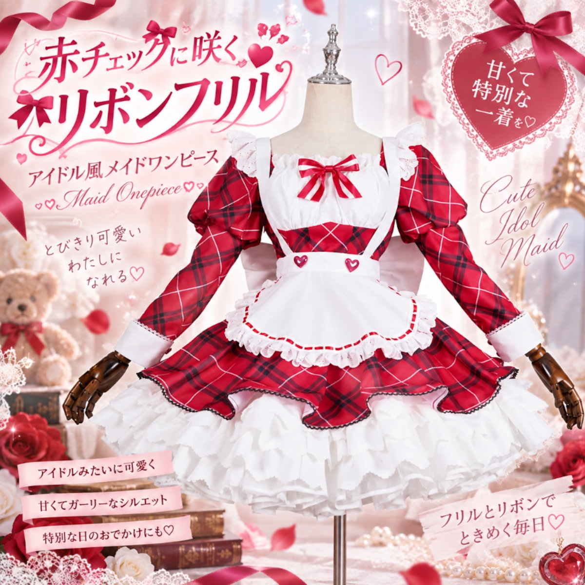 フリル リボン ウォールポケット ハンドメイド ロリータ風 赤チェックに咲くリボンフリル アイドル風メイドワンピース | ロリータ