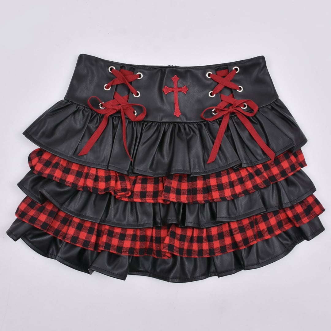 10/6新着】クロスレザー チェックティアードスカート | VOLCAN&APHRODITE