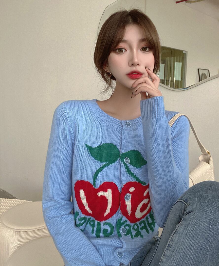 セーター ショートスリムブルートップス オータムウィンタースタイルカーディガンジャケット 秋物 冬物 ブラックストロベリース80636378487