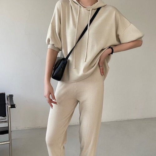 セットアップ フーディー 半袖 ラウンド裾 パーカー スウェット パンツ 9分丈 無地 レディース 上下セット ツーピース プルオーバー ウエストゴム カジュアル セットアップ フーディー 半袖