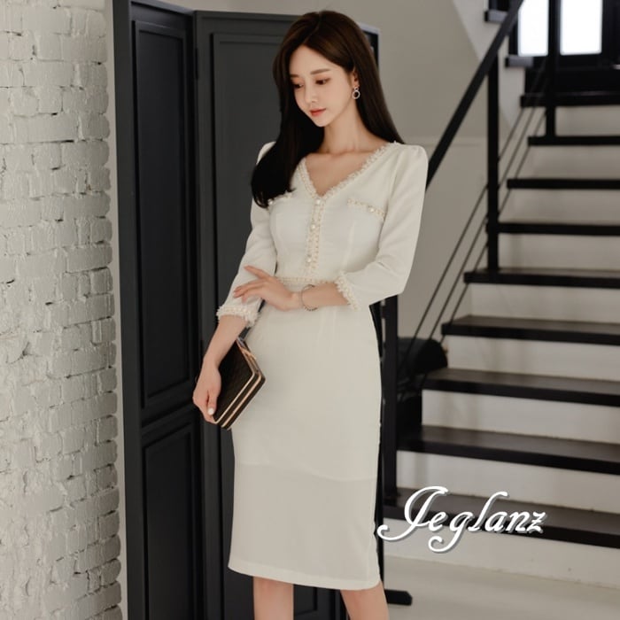 2色 パーティドレス ワンピース トリミング タイト ひざ丈 7分袖