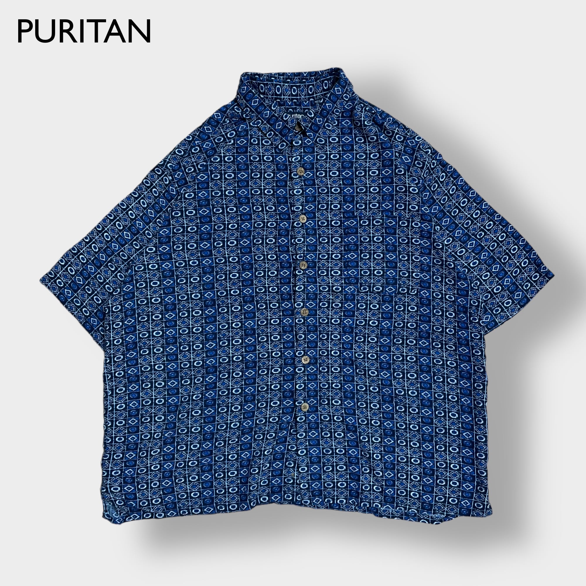 Puritan 総柄シャツ アースカラー ビスコースレーヨン 半袖 XL