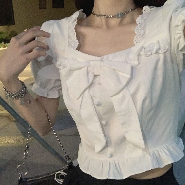 big ribbon puff sleeve blouse　A0042