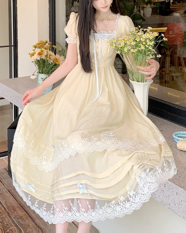 パフスリーブレースリボンイエローワンピース　2506075