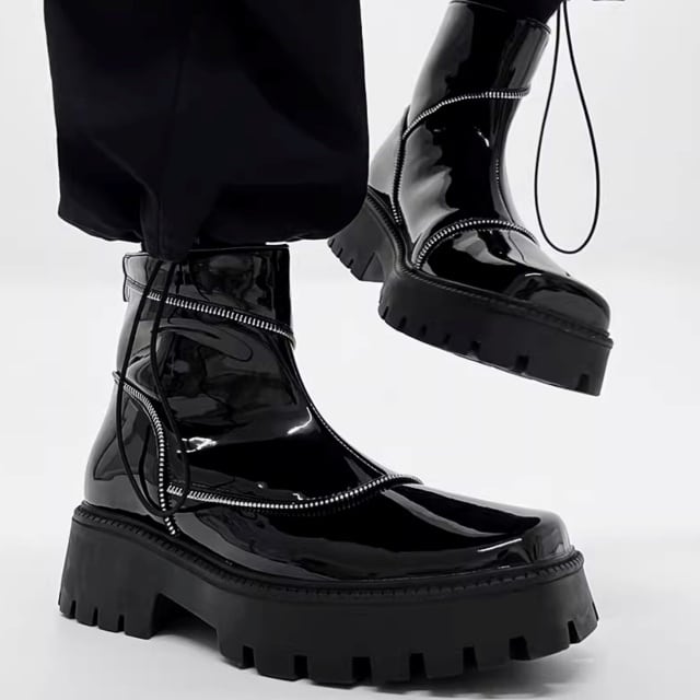 予約販売】ブーツ レザー メンズ 艶 ジッパー チャック ゴツ底 厚底 靴