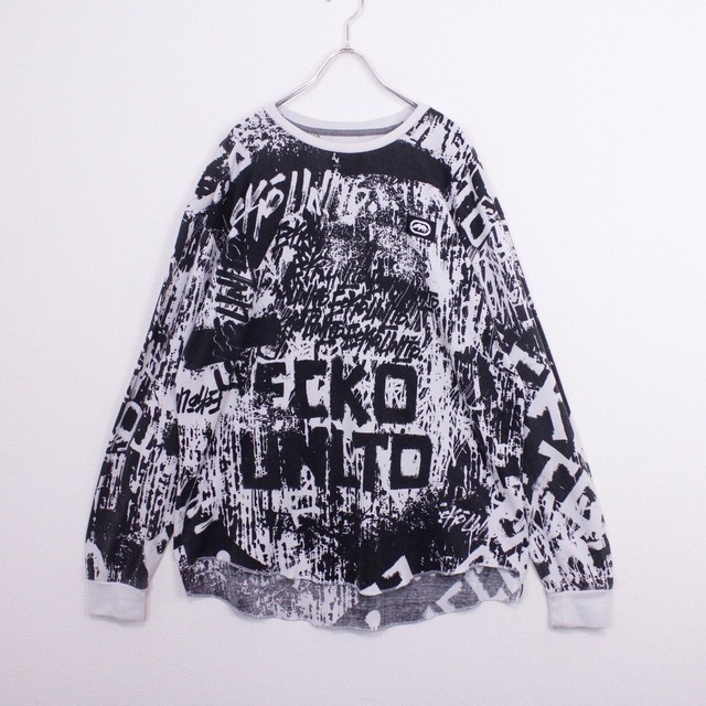 【Caka act2】"ECKO UNLTD" Monotone Coloring Chaos Graffic Design L/S T-Shirt