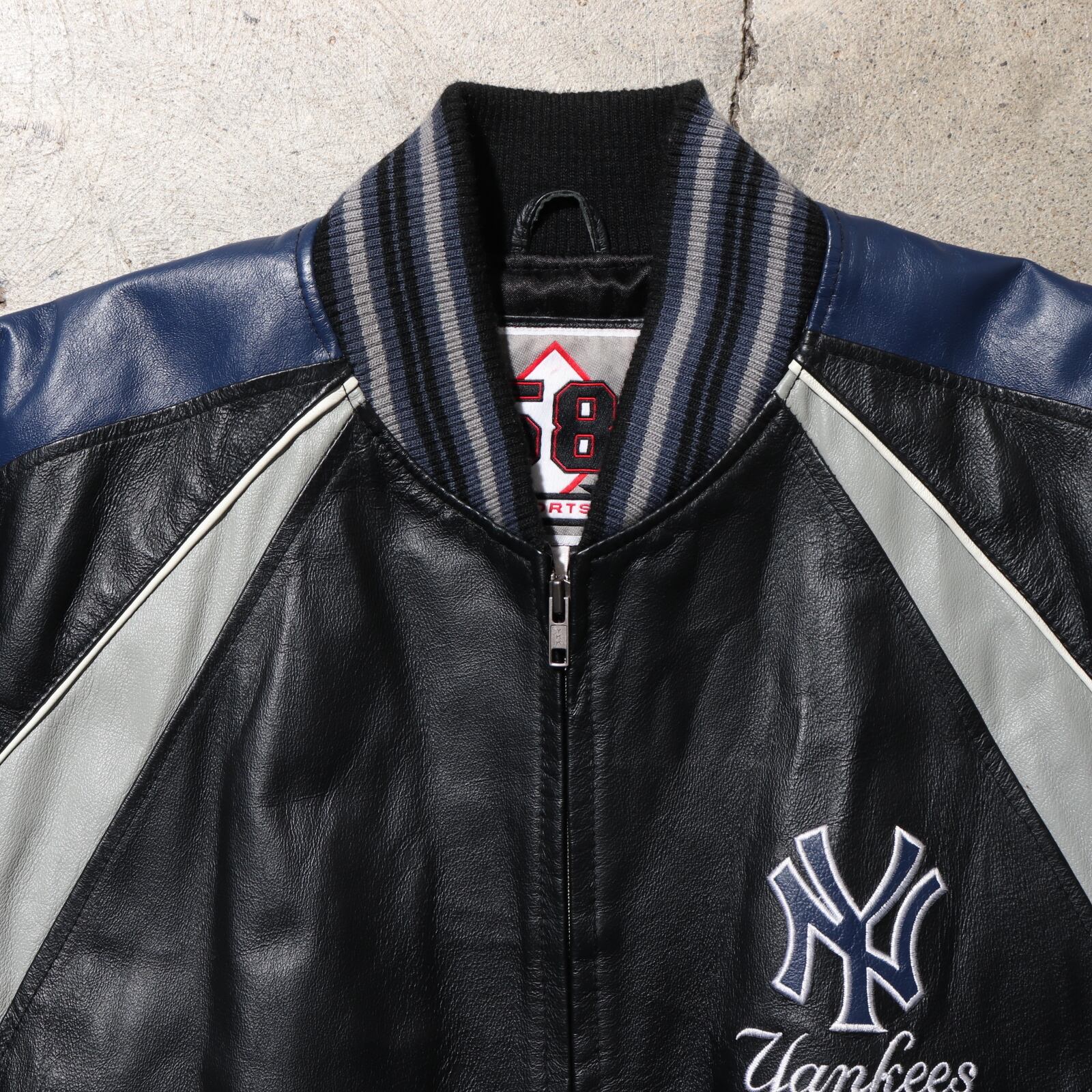 美品 L Yankees 刺繍 レザージャケット ヤンキース 本革 ブラック 