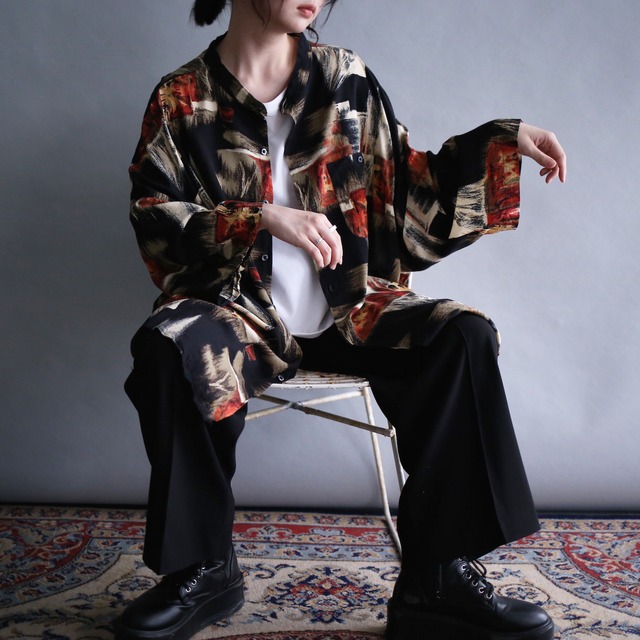 good coloring art pattern XXXXL wide over silhouette h/s band-collar shirt