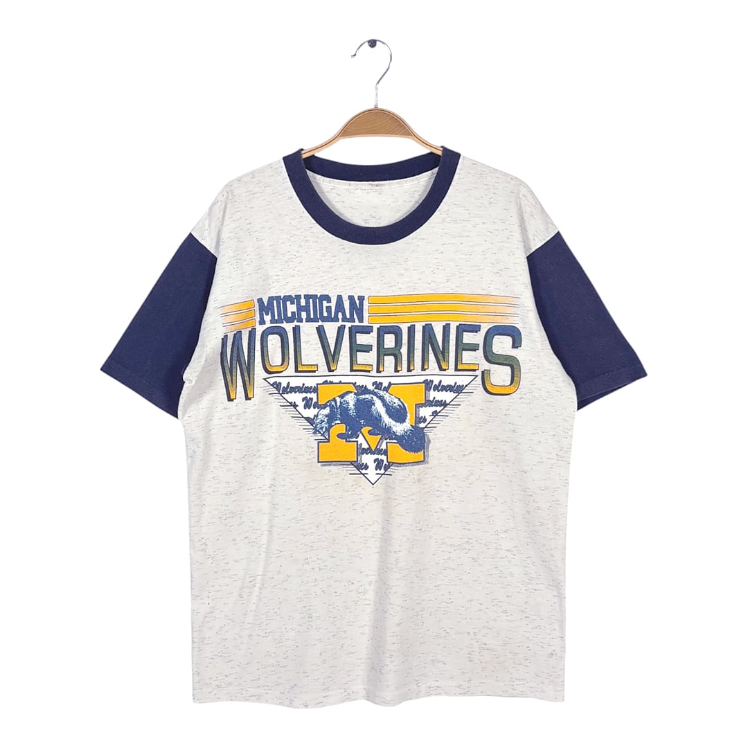 90s ミシガンウルバリンズ ヴィンテージ Tシャツ 2トーン グレー ネイビー カレッジ シングステッチ サイズL相当 BZ0606
