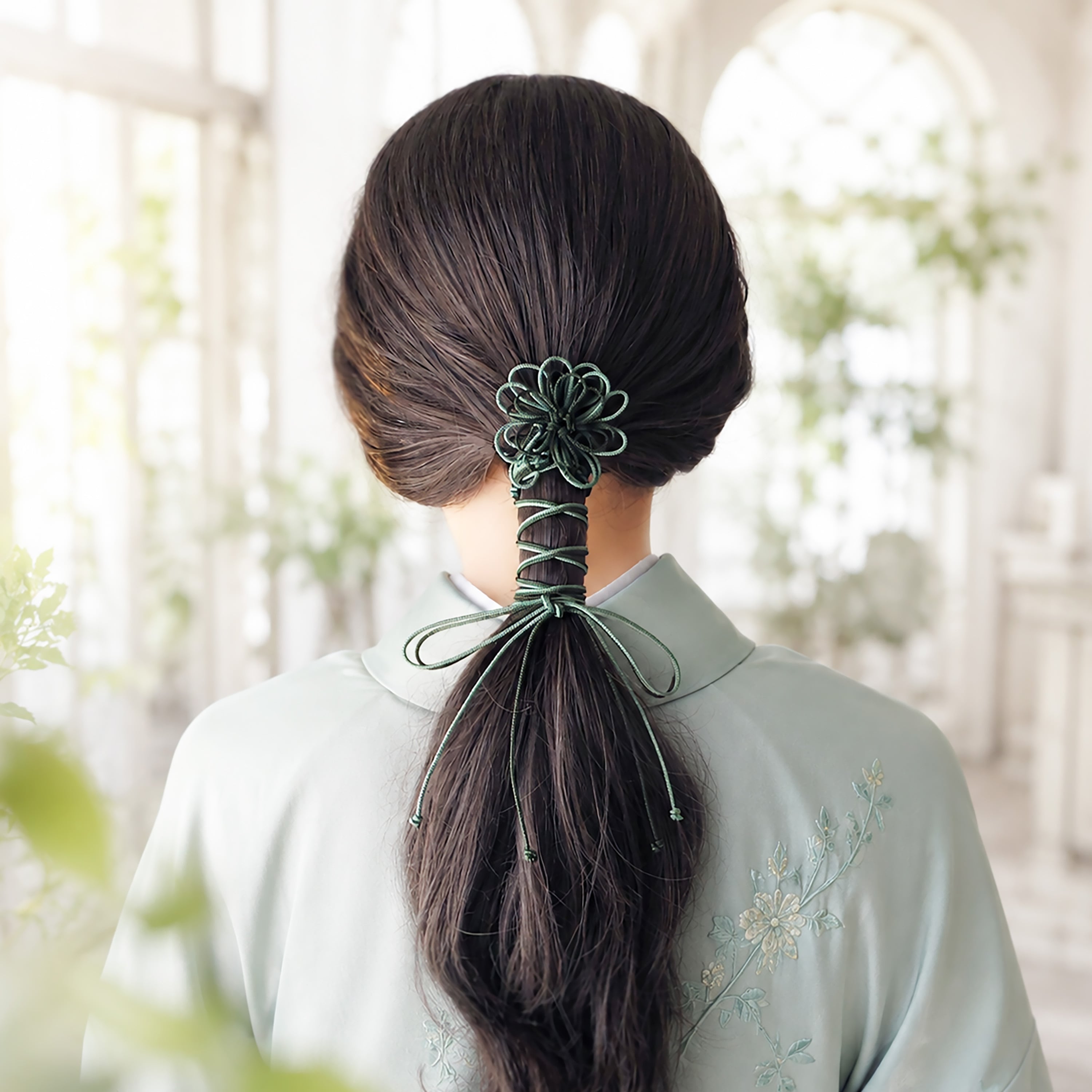 飾り結びヘアゴム「やわみどり、君」（深緑×淡緑）｜着物・浴衣に簡単