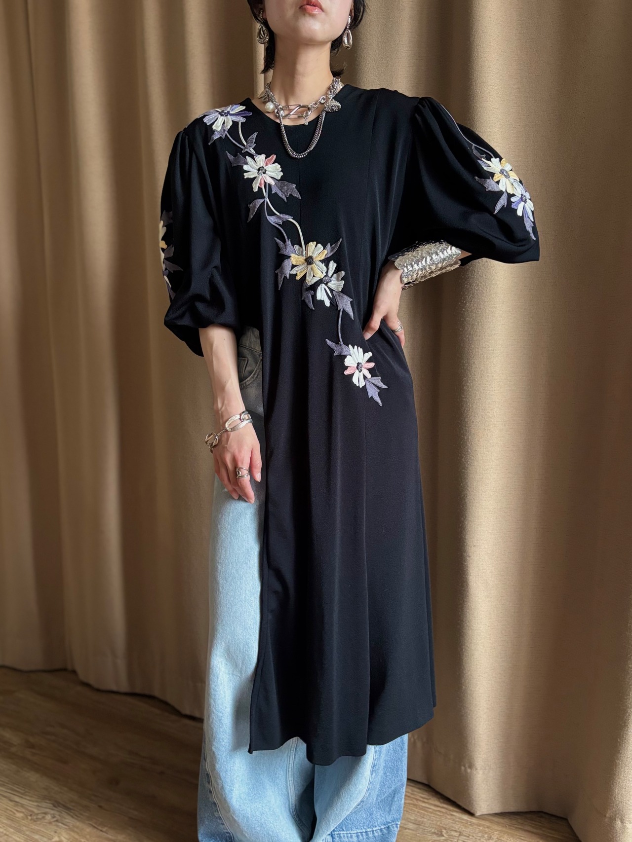 floral embroidery black slit dress-5211-4