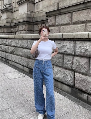 【more than cutie pie】high waist check jeans　(blue)