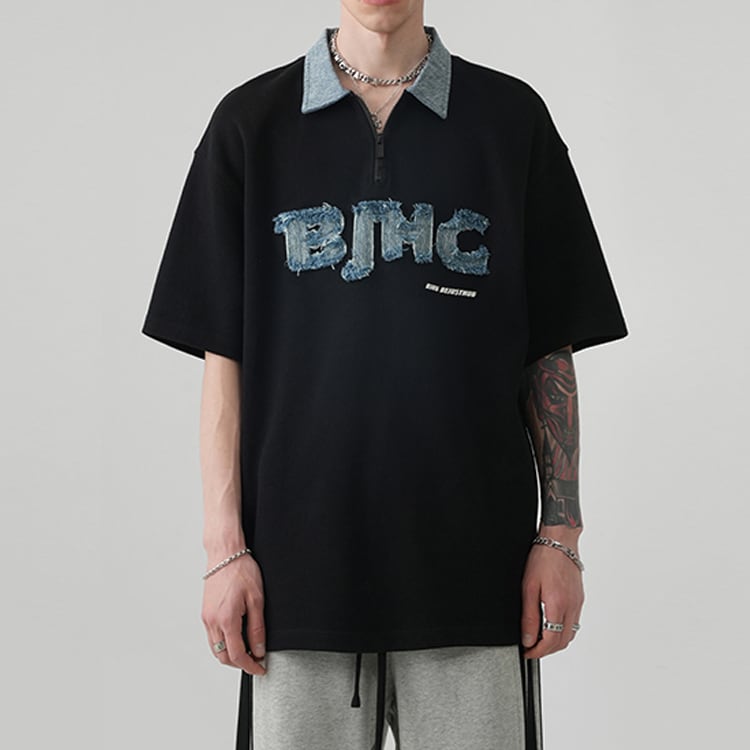 韓国メンズファッション】デニムアクセント半袖ポロシャツ アメカジ