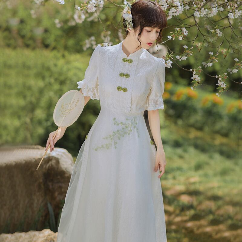 Only Youシリーズ チャイナ風ワンピース 中華服 改良型チャイナドレス Aライン ホワイト 白い Elegant