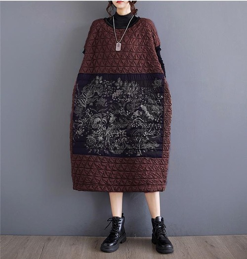 大きいサイズ ワンピース　レディース 秋冬　ハイネック　春 ブラウン　婦人 長袖