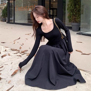 【送料無料】 ロングワンピ マキシ 長袖 Uネック ラウンドネック Aライン フレア プルオーバー 異素材切り替え ドッキング エレガント 可愛い 大人可愛い きれいめ シンプル カジュアル シック コンサバ 華やか 大人 上品 おしゃれ お洒落 主役級 こなれ感 無地 秋 レディース 女性用 ママ 20代 30代 40代 デート お出かけ 女子会 お呼ばれ 休日 お茶会 授業参観 着回し 普段使い ファッション コーデ スタイル 楽ちん 体型カバー 定番 着痩せ 垢抜け ブラック 大人カラー モノトーン