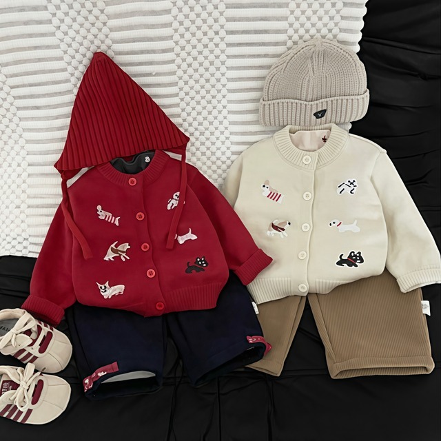 【73-110】秋刺繍入り厚手レッドニットカーディガン ベビーコーディネート 男の子