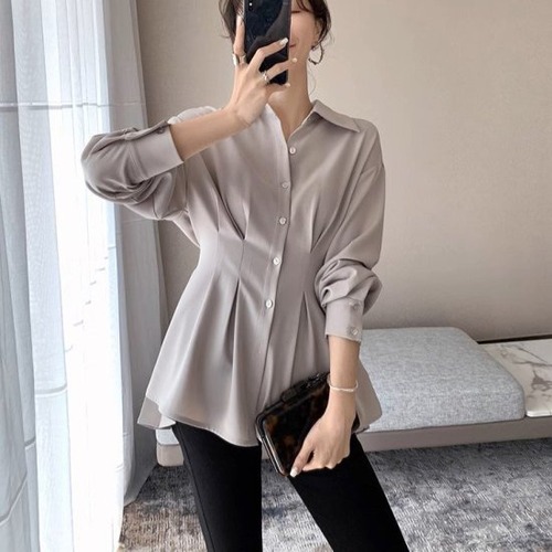 ペプラムブラウス レディース タックシャツ 長袖 バックプリーツ シャツ ブラウス シャツカラー ポロ襟 ロング ペプラム タック レトロ 2color きれいめ カジュアル オフィス おしゃれ
