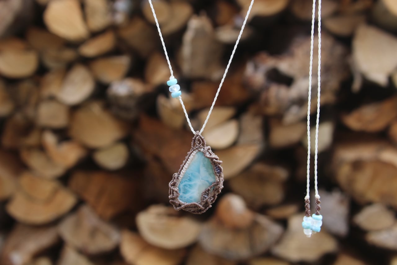 Larimar micro macrame  design pendant