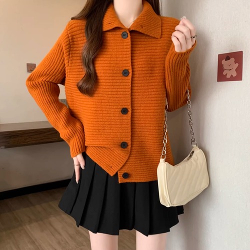 2色／2wayポロカラー横リブニットカーディガン ・73532