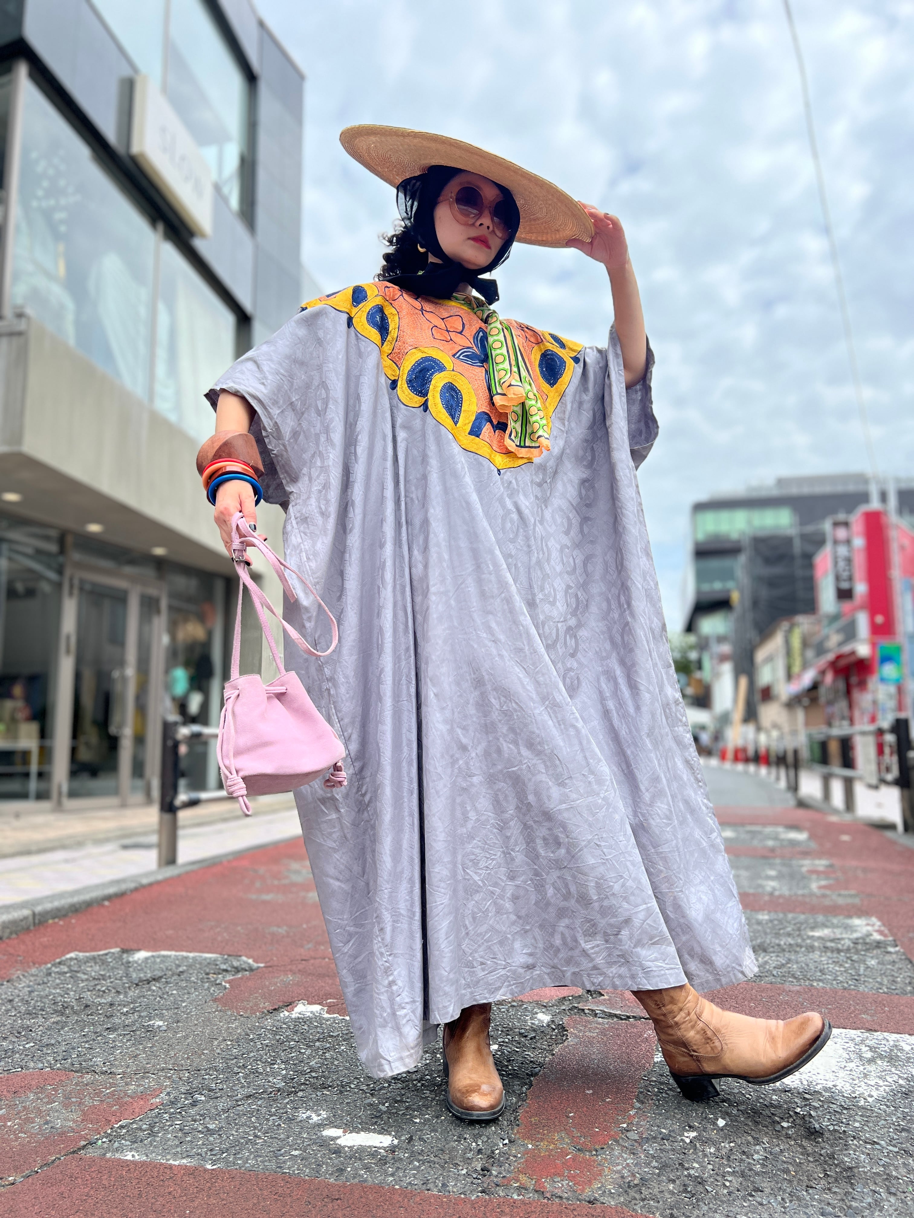 Vintage african big size gray × floral embroidery cotton caftan dress