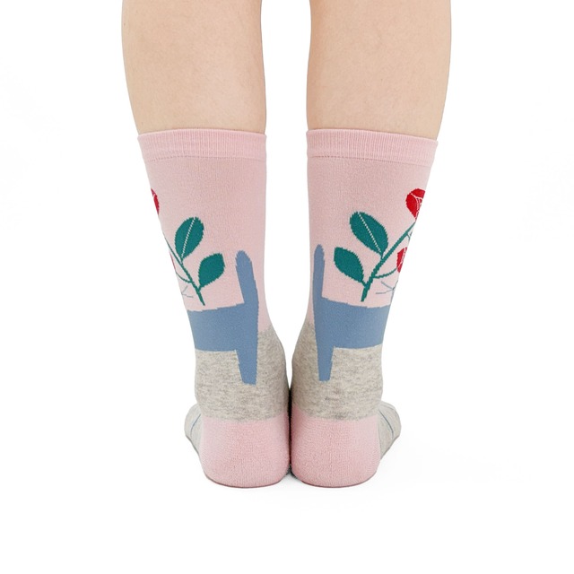 【JIN KITAMURA】北村人 SOCKS RED FLOWER & CAT ソックス 赤い花と猫