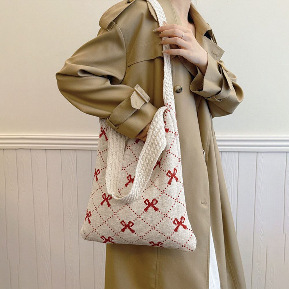 リボン柄 ニット トートバッグ レディース 韓国 大容量 大人 かわいい おしゃれ 通勤 通学 エコバッグ 折り畳み 軽量 A4 きれいめ カジュアル 大人可愛い 大人女子