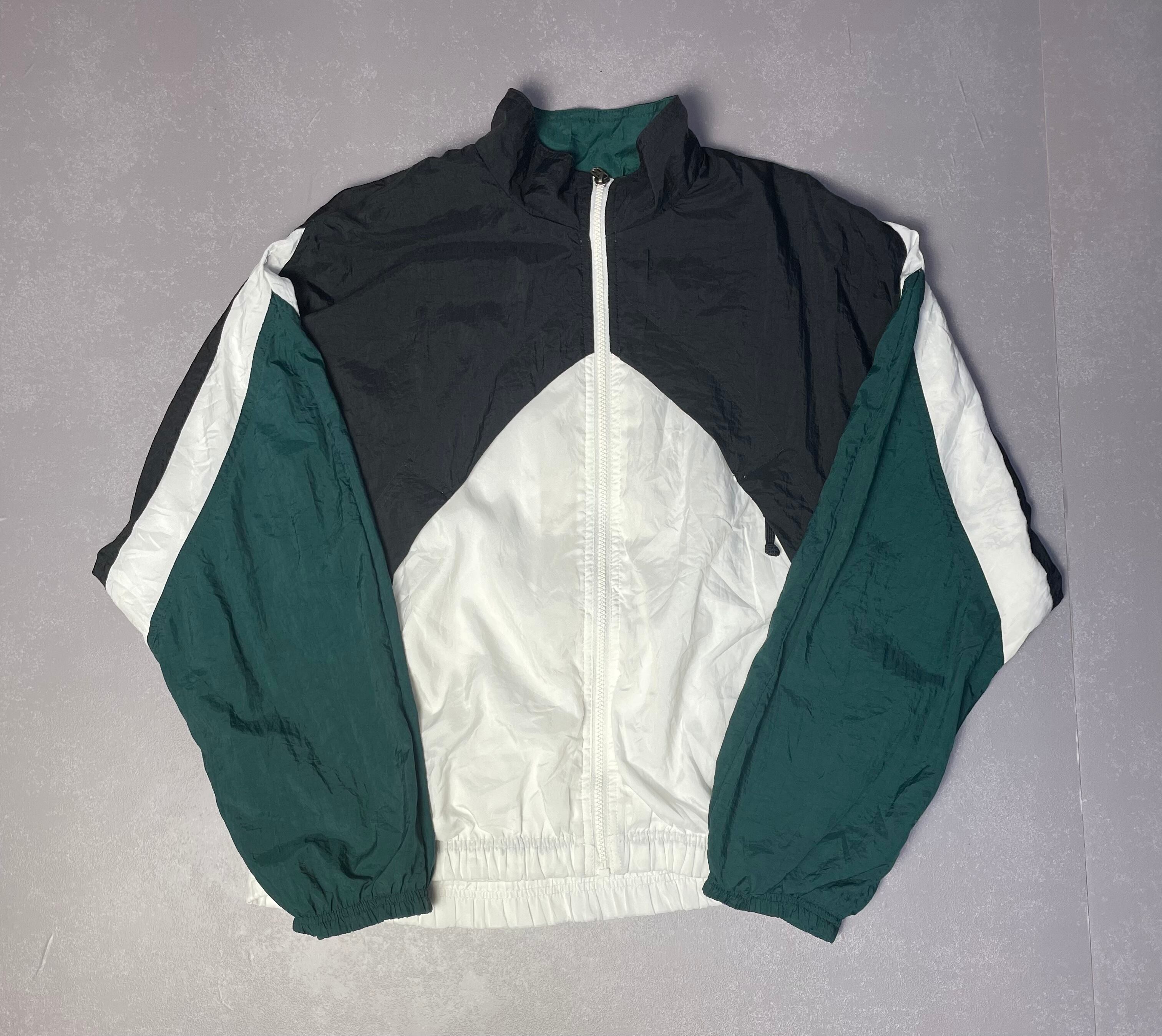 90年代 NIKE ナイキ スモールスウォッシュ ロゴ刺繍 ナイロンジャケット メンズL 古着 90s ヴィンテージ ビンテージ ウインドブレーカー ホワイト 白色 グリーン 緑色【ナイロンジャケット】
