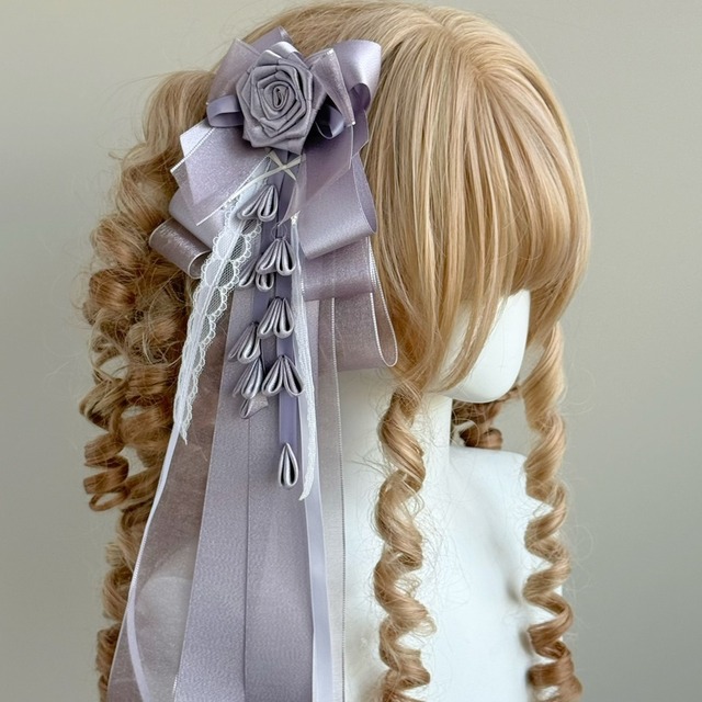 藤色の夢見るお茶会 ローズリボンのクラシカルロリータヘアクリップ