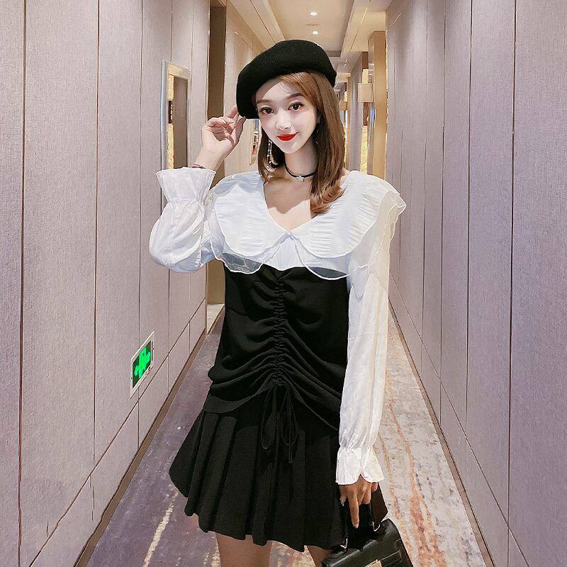 プラスサイズの女性の太った妹mm2020秋新気質セクシーバージョンウエストスリムプリーツドレス ミックスインファッション48083834171