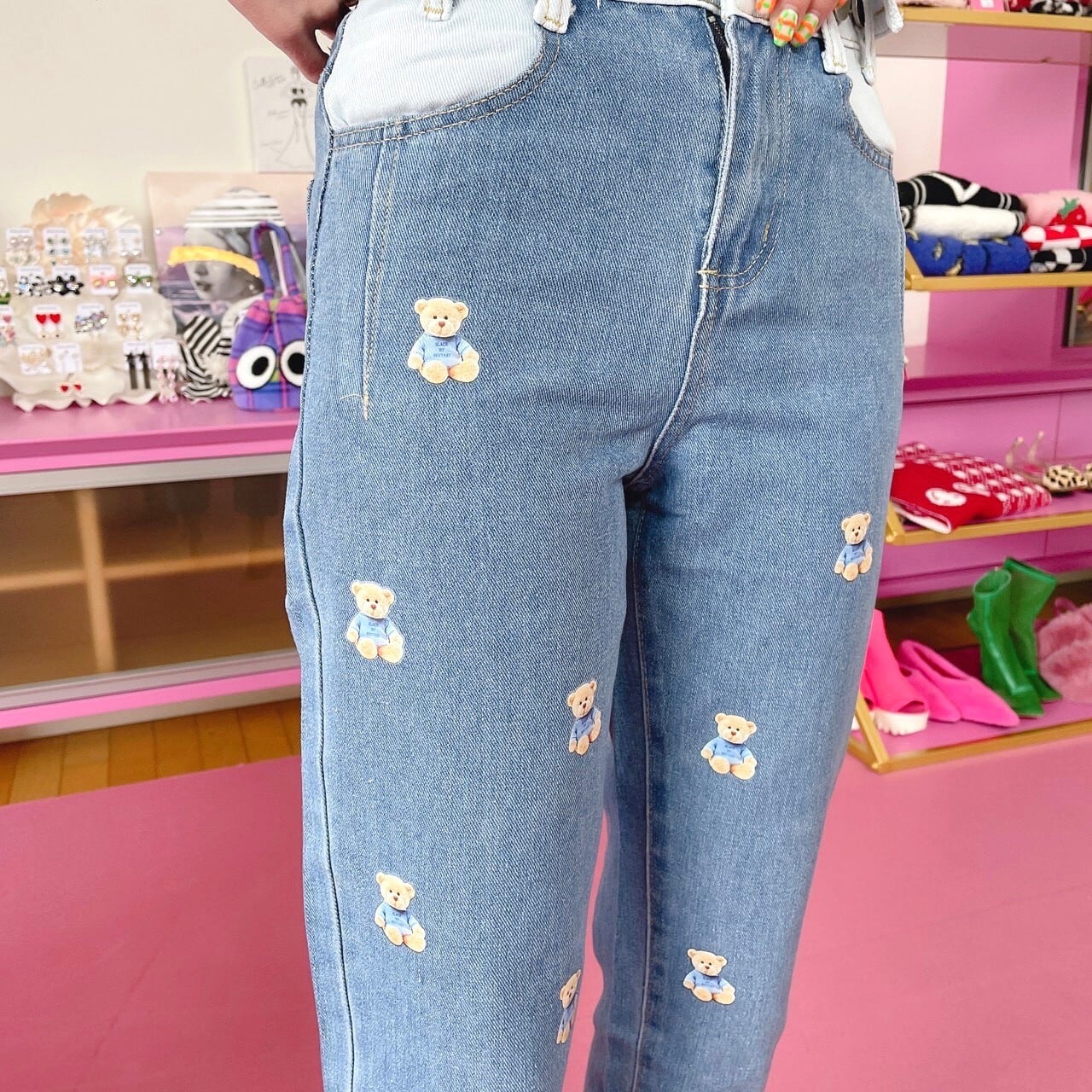 くまちゃんロゴデニムパンツ/韓国/レディースファッション/ジーンズ
