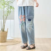 TRUBE 大輪フラワーアップリケバレルテーパードデニムパンツ【M~L】デニムブルー