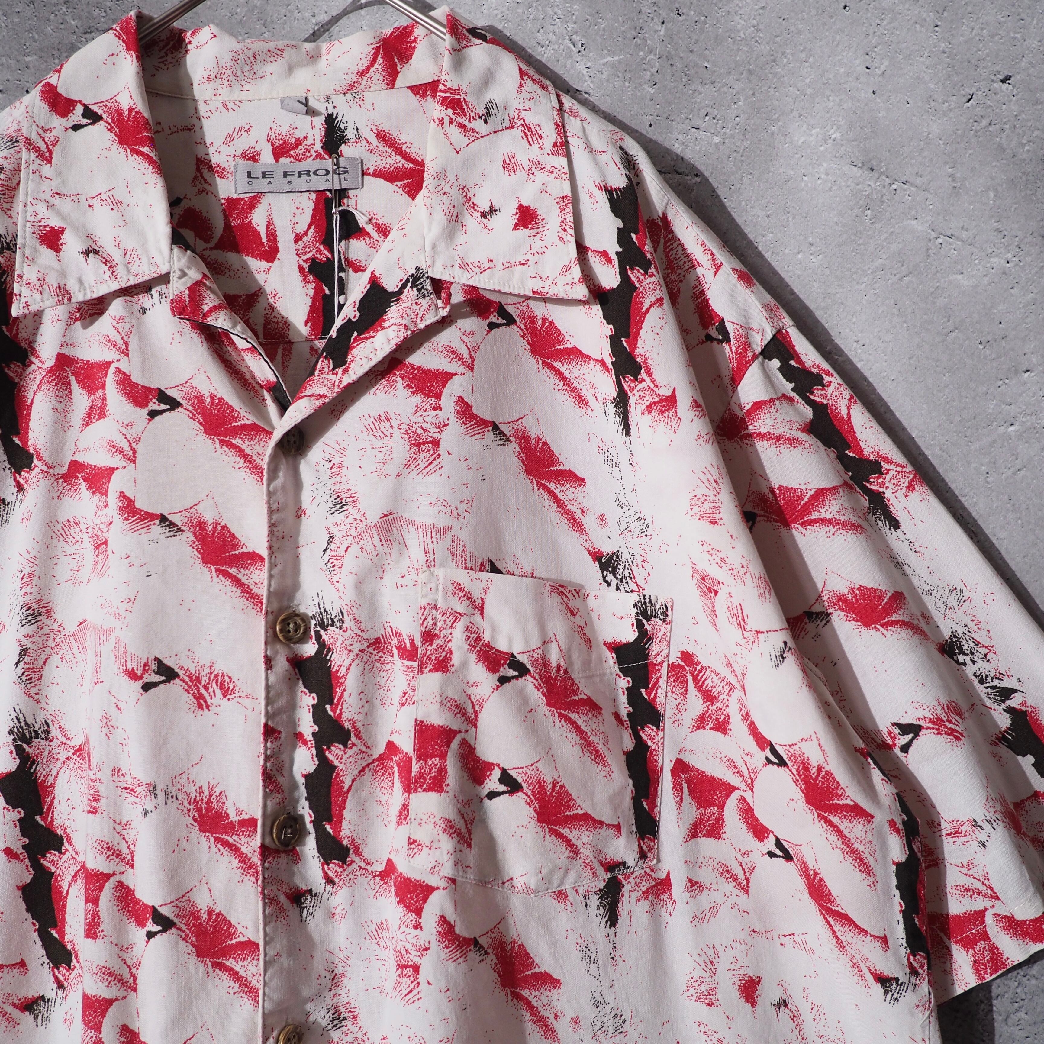 1990s Bewitching dark flower printed vintage open collar shirt