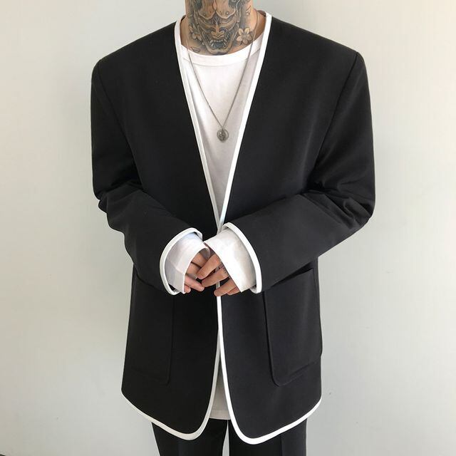 【予約販売】ジャケット メンズ ノーカラー ブラック ドレスアップ シック こなれ感 お洒落 パーティー 結婚式 二次会 パーティー エレガント 韓国 トレンド 春 M/L/XL/2XL