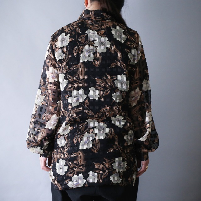 loose silhouette panel motif see-through flower design shirt