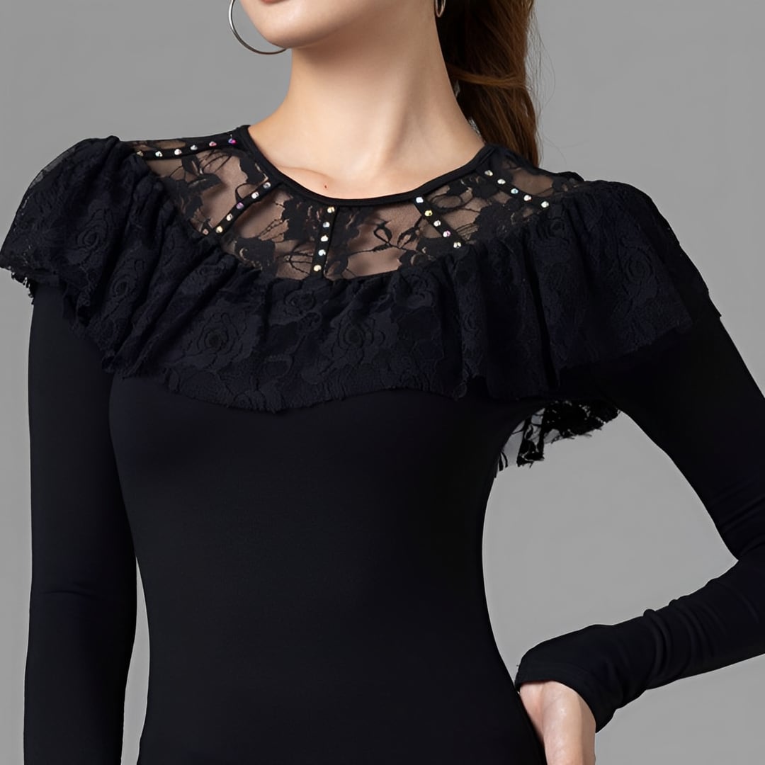 ストーン付きレースデザイン ロングスリーブ トップス ds0417