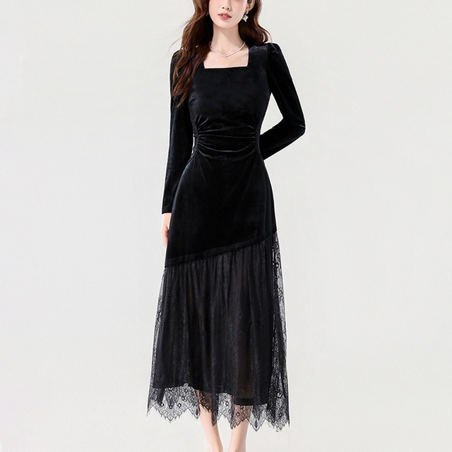 ワンピース スクエアネック ベルベット フィットウエスト レース ブラック S M L XL