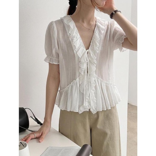 v-neck front-tie ruffle blouse