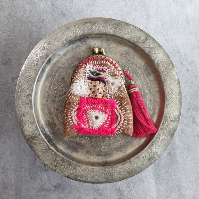 インド刺繍とアフリカ布のがま口　コインケース