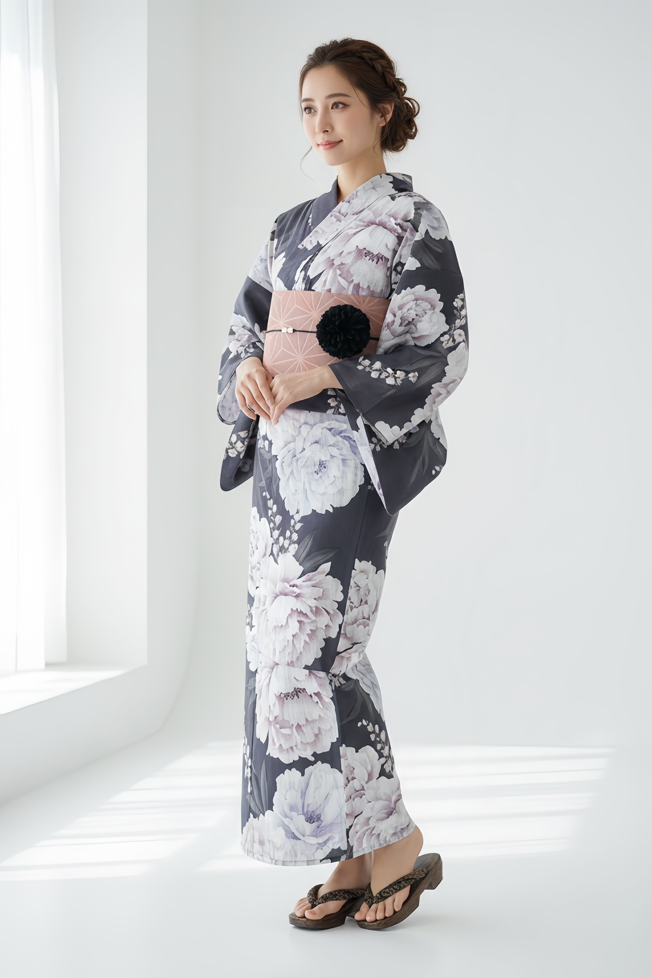 浴衣ジェンヌ 浴衣5点セット 水彩画調の紫陽花や菖蒲 ライトブルー