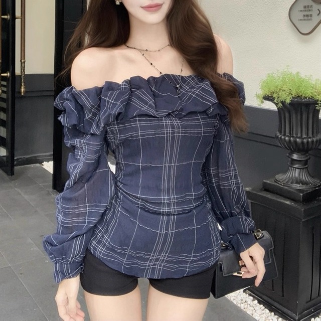 Navy plaid pattern tops