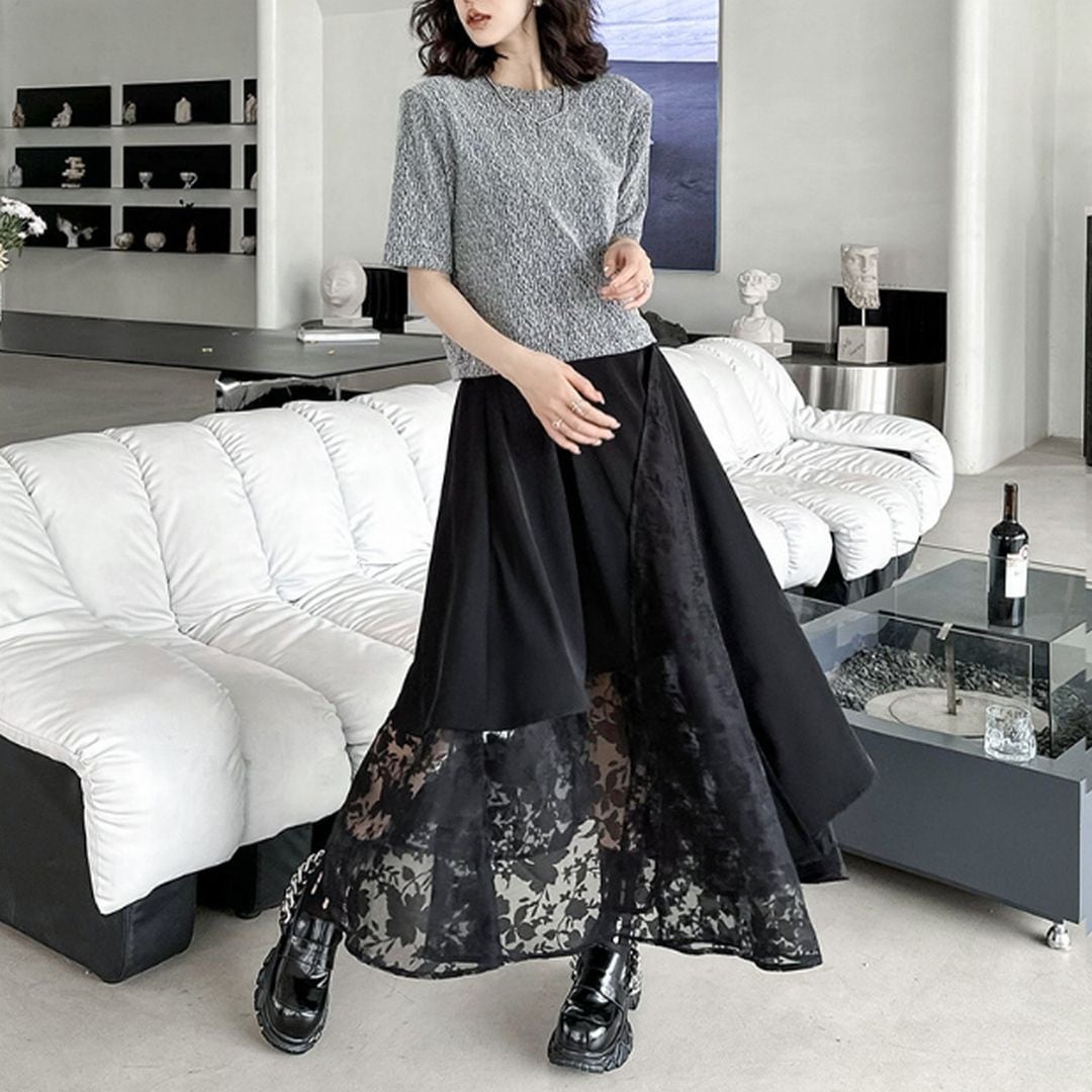 異素材MIX2層レースイレギュラーAラインスカート SK0114