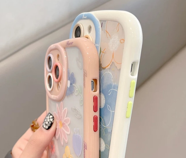 iPhoneケース iPhone14 iPhone13 花柄 水彩 絵の具 フチ太 春 かわいい スマホケース おしゃれ 韓国 2466