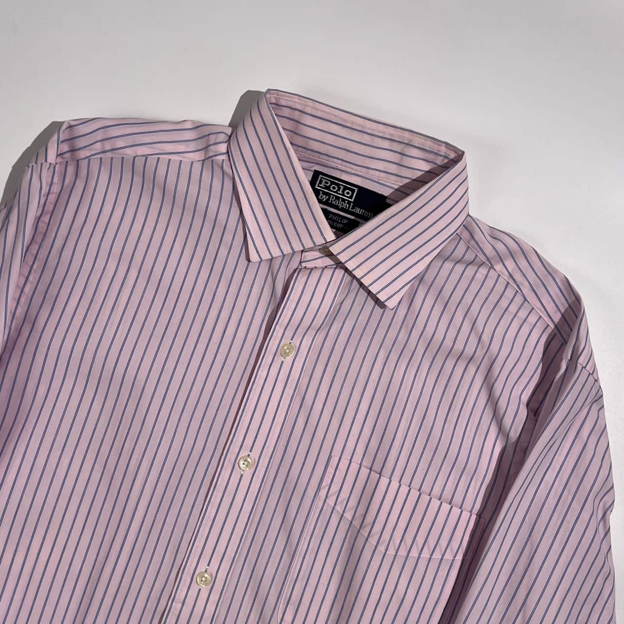 90s 00s Polo by Ralph Lauren ポロ ラルフローレン PHILIP ストライプ 長袖 ワイシャツ  ドレスシャツ サイズ 41-84/ピンク×ブルー系 メンズ  ビンテージ
