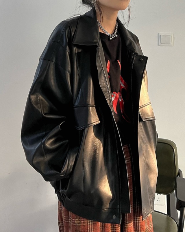 Oversize Faux Leather Zip Jacket［A0048］