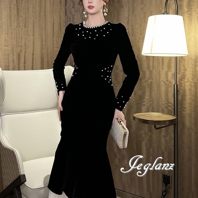 パール付き ベルベット調 ワンピース ドレス バイカラー 光沢（MB311）η