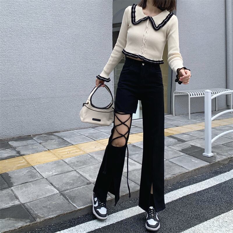 部分レースアップデニム スリット デニムパンツ ダメージ ジーンズ デニム ロングパンツ トレンド シンプル カジュアル 韓国ファッション S Xl Luluca 韓国トレンドファッションluluca ルルカ